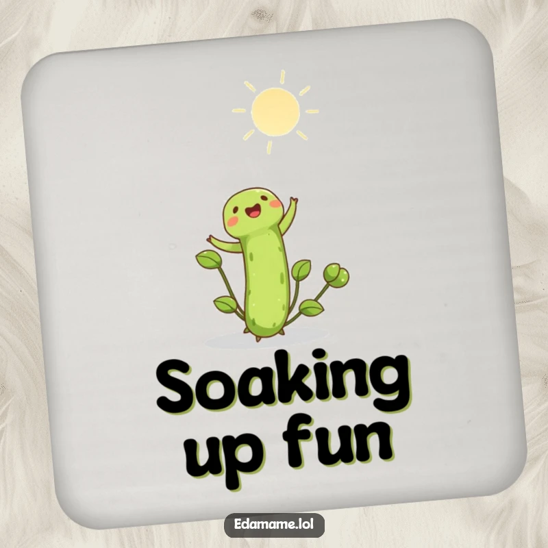 Funny edamame shoot joyfully reaching towards the bright sun on a durable drink coaster. Cheerful and humorous, perfect funny gift.