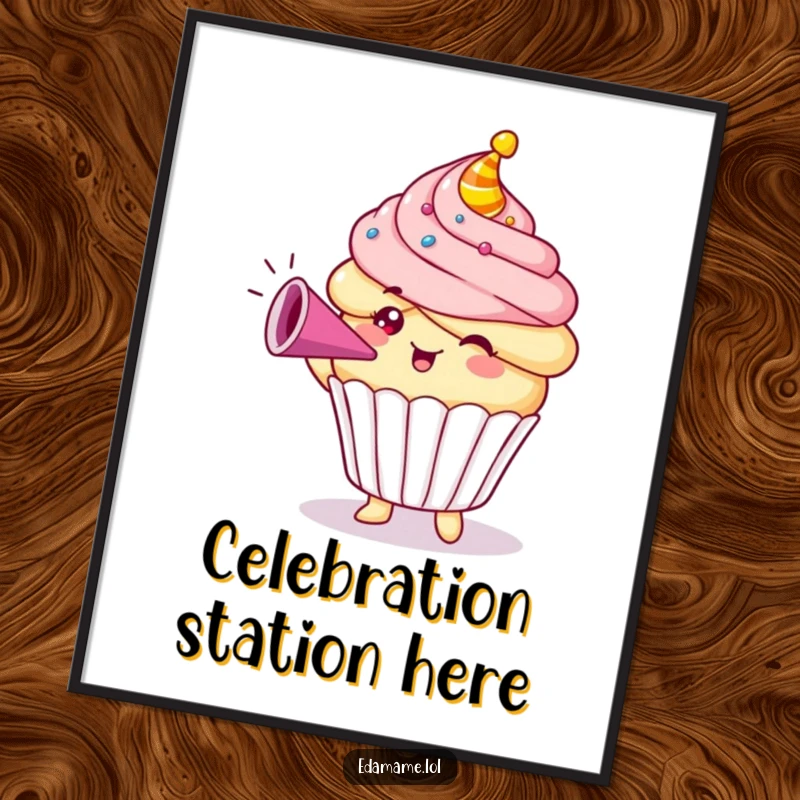 Funny Cupcake Poster of a cute character blowing a party horn, adding a splash of color and humor to any room.