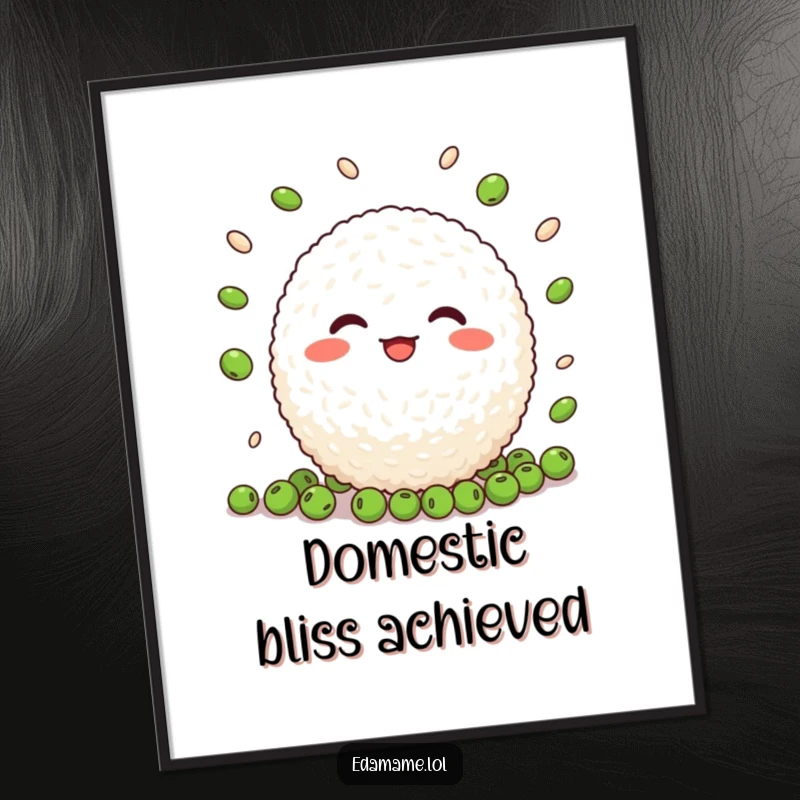 Funny Rice Ball Juggling Poster: A delightful artwork of a cheerful rice ball skillfully juggling tiny peas, adding fun decor.