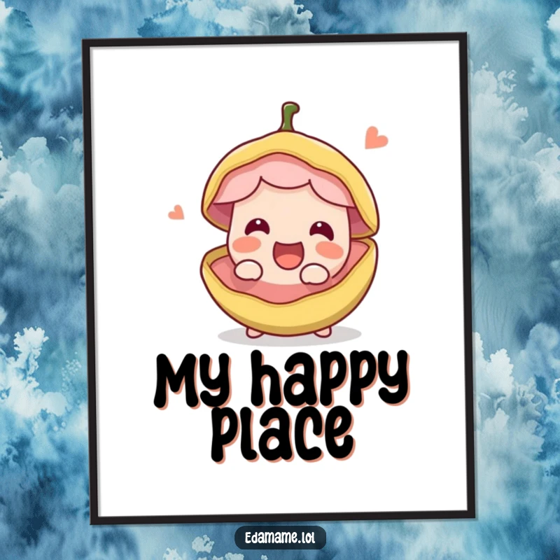 Funny happy edible bean pod splitting open with excitement, showcased on a vibrant poster. Humorous food art for wall decor, perfect funny gift.