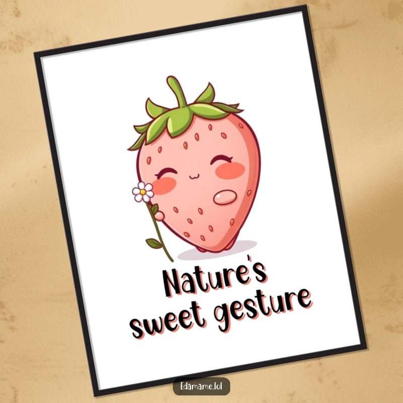 Funny Strawberry Poster: A sweet artwork of a blushing strawberry character offering a tiny flower, adding a touch of charm.