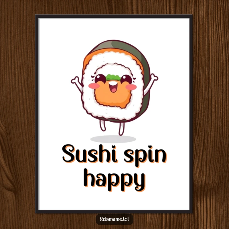 Funny poster art of a cheerful sushi roll with a face dancing, vibrantly depicting joyful food and energetic movement.