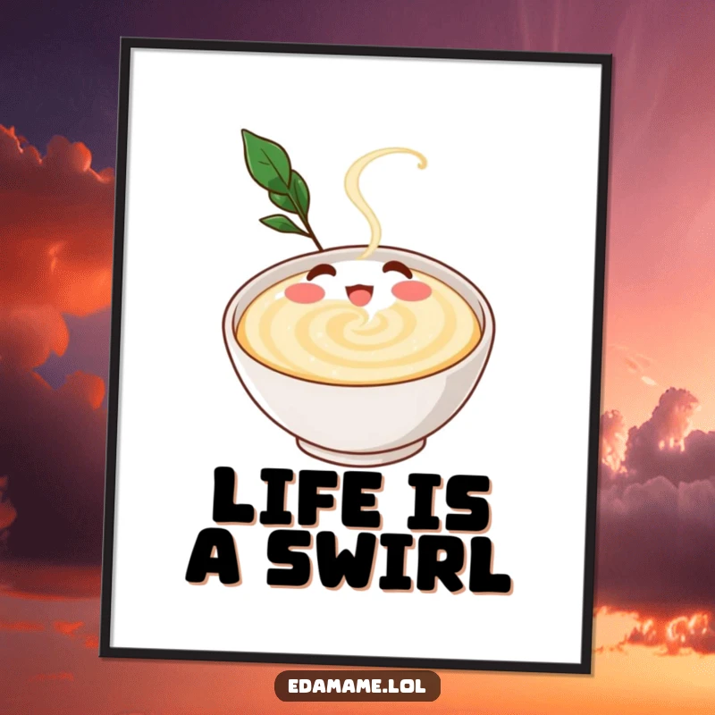 Funny poster of a gleeful dashi broth character happily swirling within a small bowl, adding a touch of cozy culinary art.