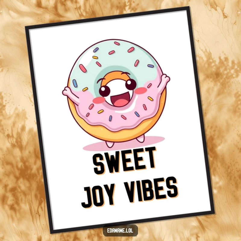 Funny poster of a delighted donut character adorned with colorful sprinkles, captured mid-bounce with sheer joy.
