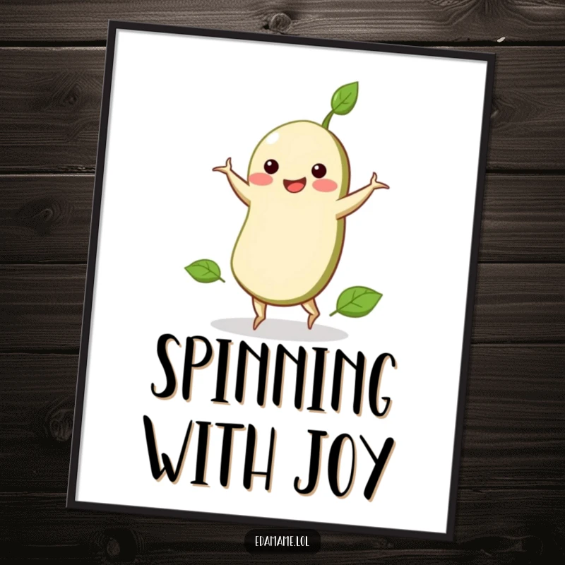 Funny poster capturing an edamame bean with a wide smile performing a perfect cartwheel, full of energetic fun.