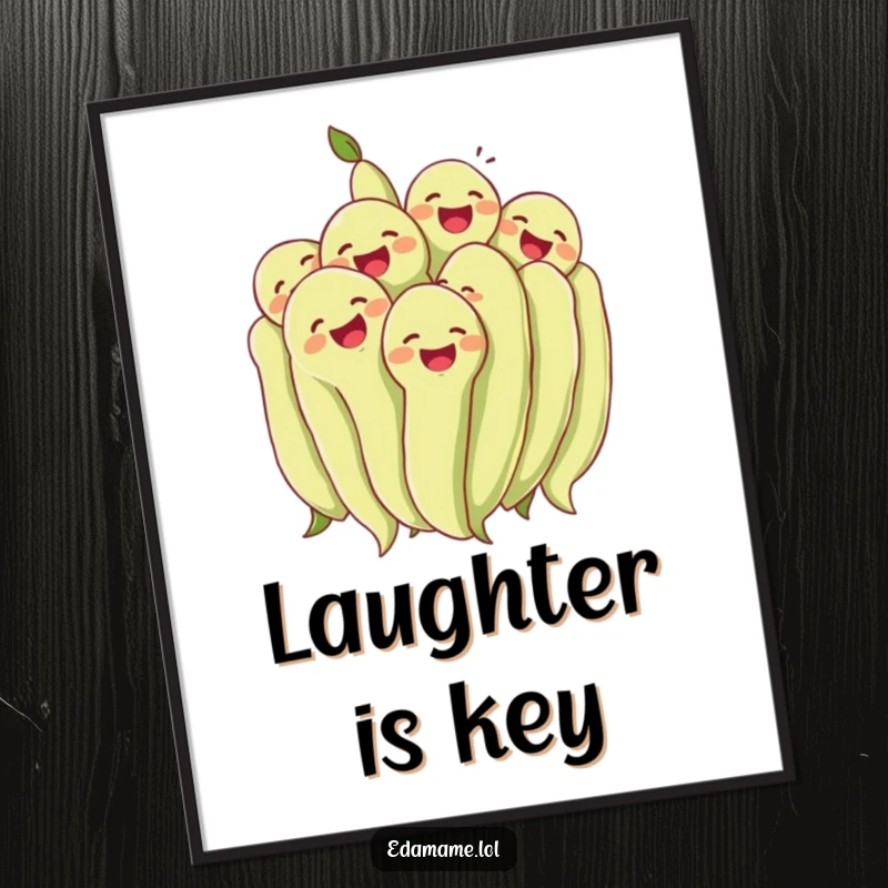 Funny cluster of edamame beans laughing together heartily artfully displayed on a poster. Cheerful and humorous wall decor, perfect funny gift.