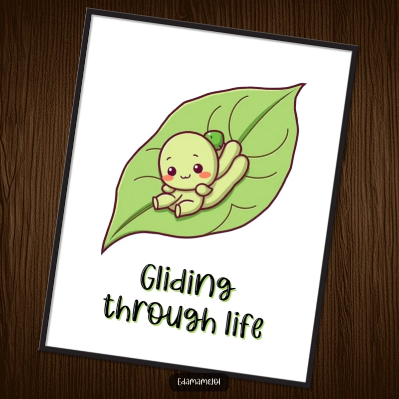 Funny poster of a cute edamame character gleefully sliding down a leaf, showcasing humorous and charming veggie-themed art.