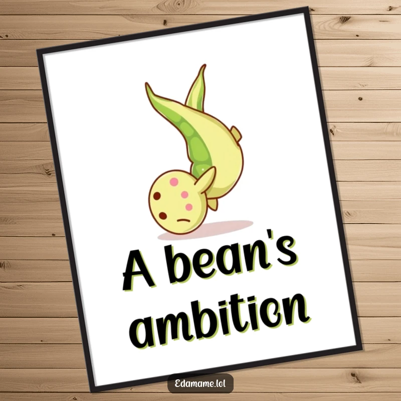 Funny Poster: A single edamame bean caught in a dynamic, playful somersault, bringing energetic and humorous art to your walls.