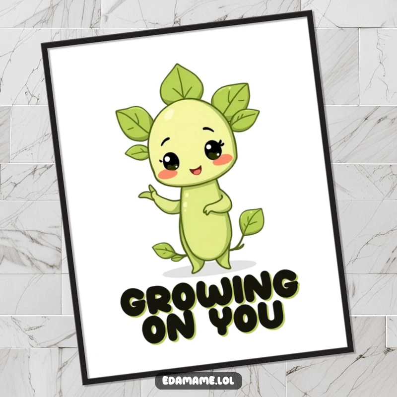 Funny poster of a proud edamame sprout striking a powerful pose, adding humorous and vibrant veggie art to any room.