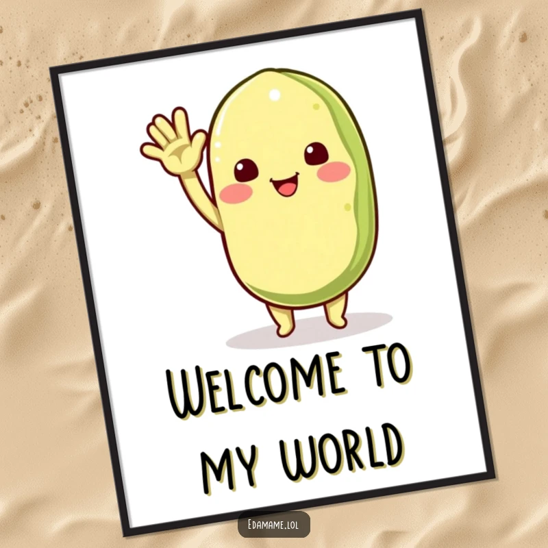 Funny poster featuring a jubilant edamame pod character waving enthusiastically, radiating warmth and a cheerful, friendly vibe, a fun gift.