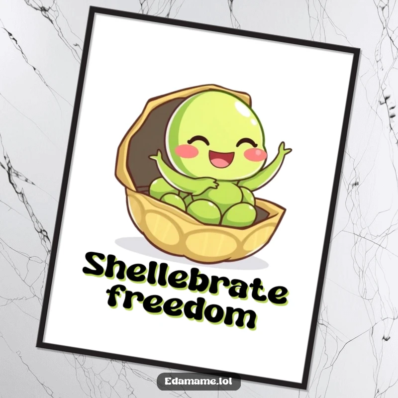 Funny edamame poster depicting a giggling character leaping joyfully from its shell, perfect for cheerful wall decor.