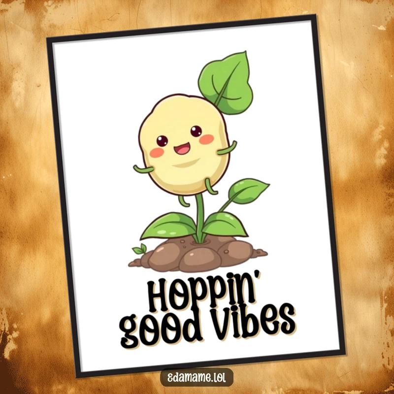 Funny pod hopping poster depicting a happy plant character with tiny legs, joyfully hopping on a green plant.