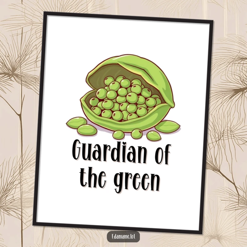 Funny poster art depicting a large edamame pod guarding smaller beans, evoking feelings of safety and love.