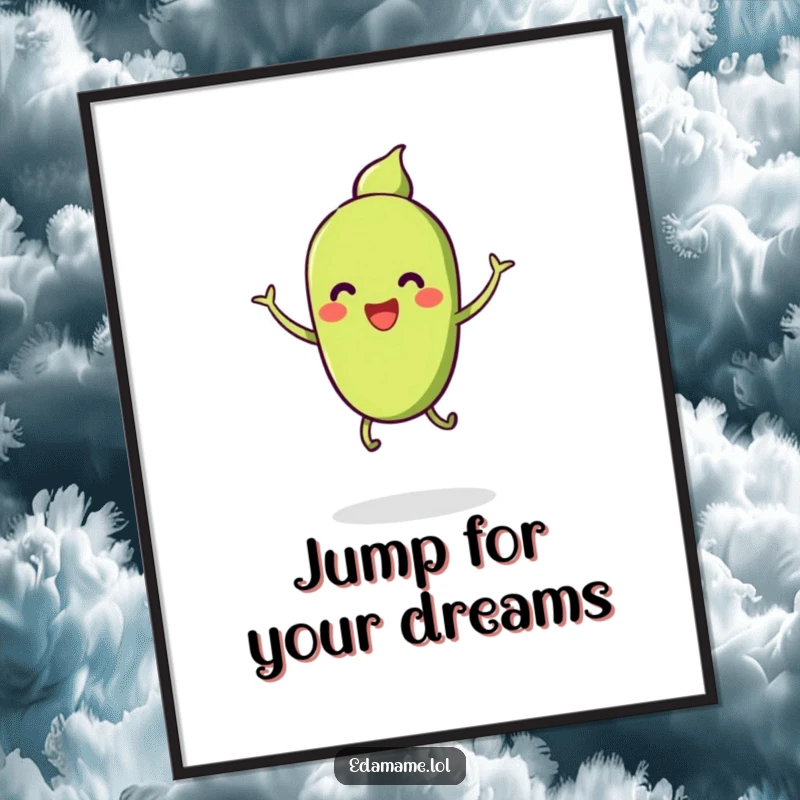 Funny poster of a pod of smiling edamame with tiny legs, captured mid-jump, radiating pure joy and cheerful energy.