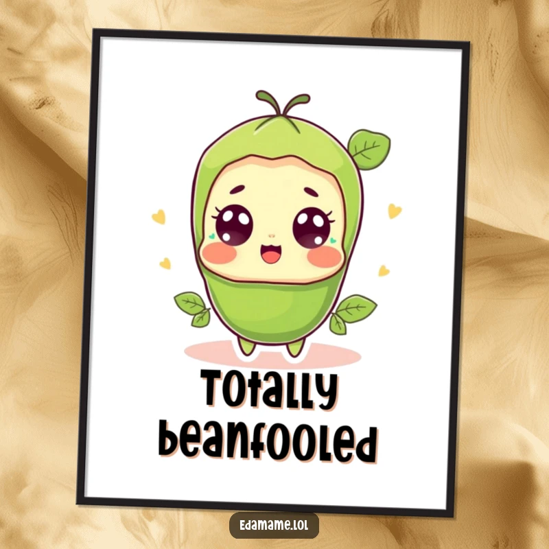 Funny surprised edamame pod poster, featuring a delightful green bean character with comically wide, happy, shocked eyes.