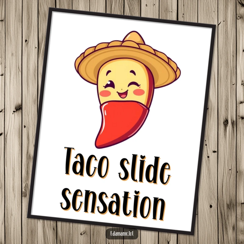 Funny poster art of a winking taco character in a sombrero sliding down a chili pepper, vibrantly depicting playful spice and fiesta spirit.