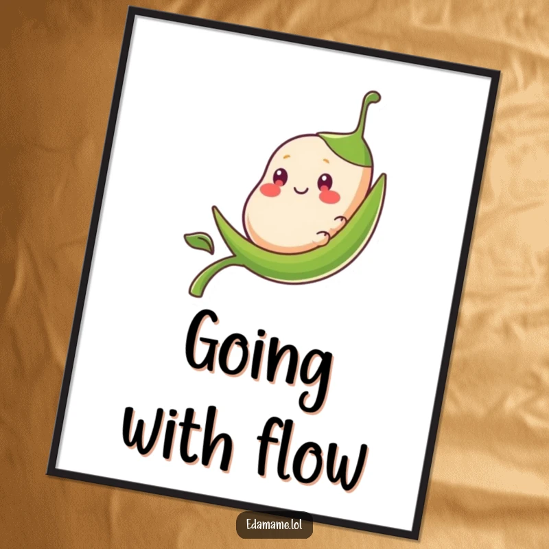 Funny bean pod character in a smooth sliding motion down a stalk, presented as a vibrant poster.