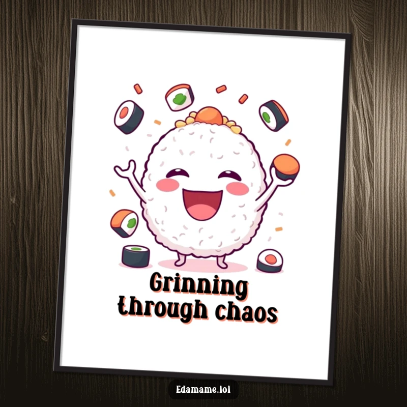 Funny Poster of a happy rice ball character enthusiastically juggling sushi pieces, radiating pure culinary joy.