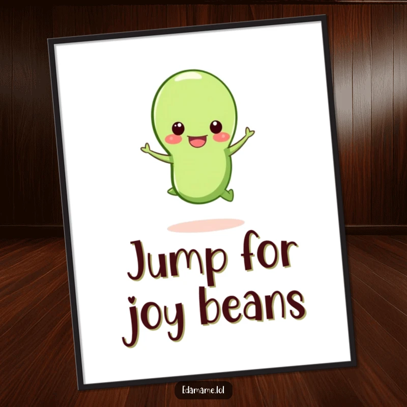 Funny happy edamame bean poster, a joyful edamame jumping from its open pod, vibrant wall art.
