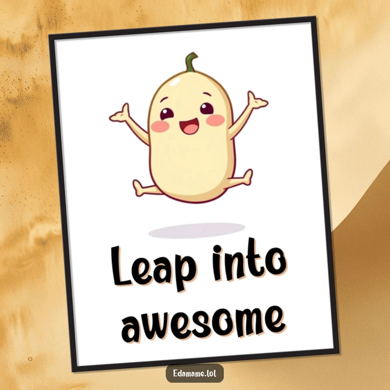 Funny poster of a happy edamame pod doing a cheerful split jump, ideal for adding vibrant energy and humor to decor.