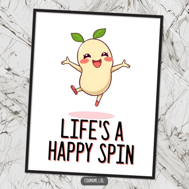 Funny poster print of an edamame bean in a lively cartwheel, symbolizing unlimited joy and activity.