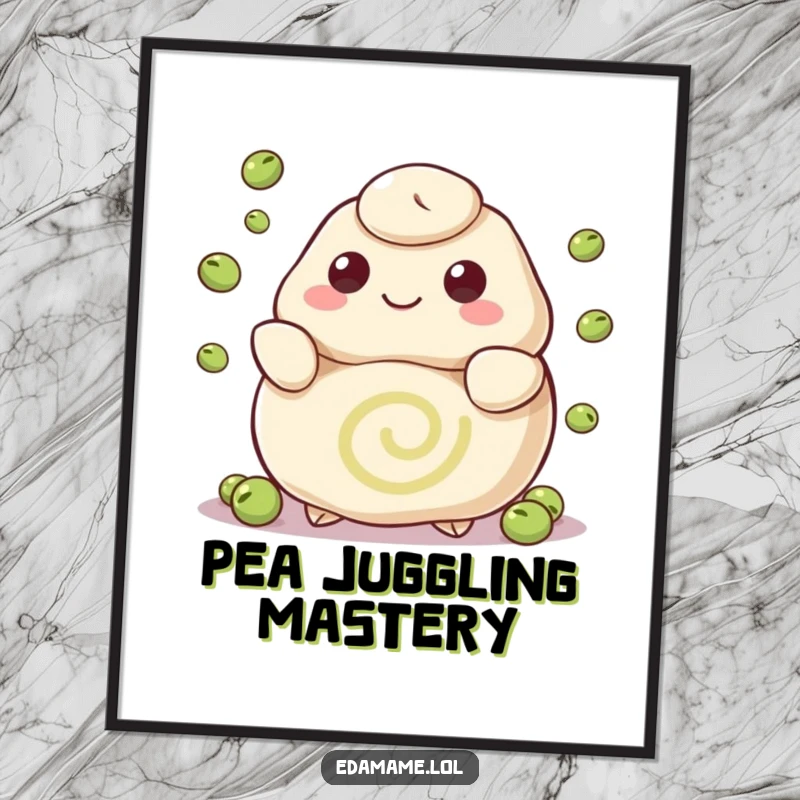 Funny poster art of a happy dumpling with a swirl pattern juggling peas, vibrantly depicting playful skill and culinary charm.