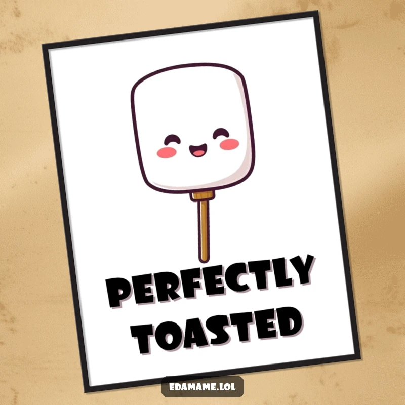 Funny poster illustration of a cheerful marshmallow character popping off a stick, radiating warmth and campfire happiness.