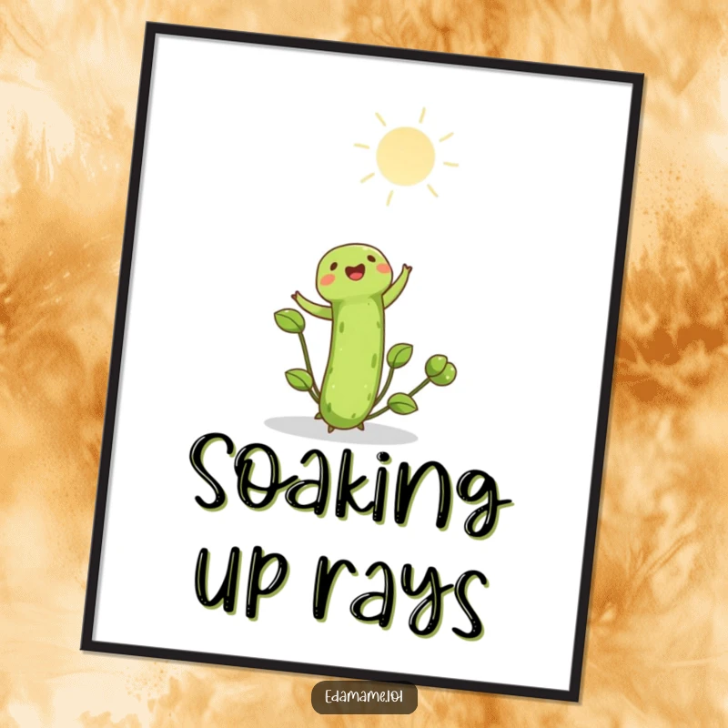 Funny edamame shoot joyfully reaching towards the bright sun artfully displayed on a poster. Uplifting and humorous wall decor, perfect funny gift.