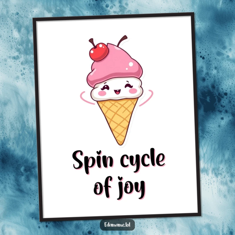Funny Ice Cream Cone Poster depicting a cherry hat spinning with energy, adding a whimsical and funny touch to decor.