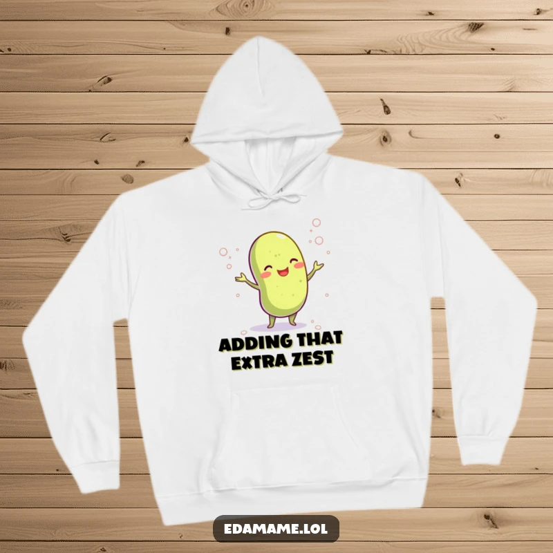 Funny hoodie with a cheerful edamame bean juggling tiny salt crystals, offering cozy warmth and a humorous, food-inspired design.