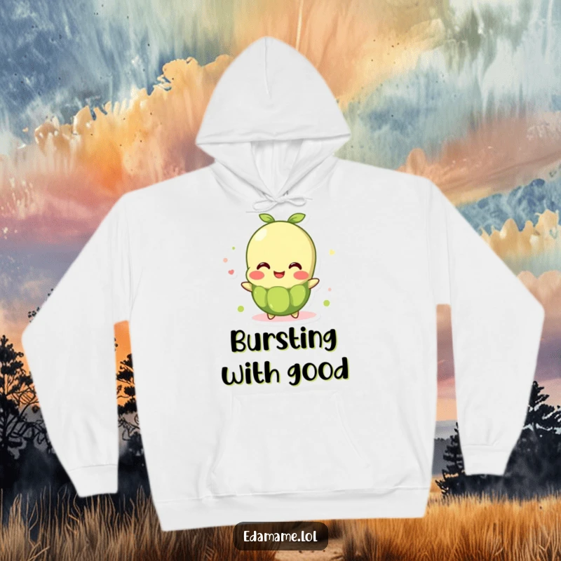 Funny Hoodie: A bubbly edamame bean character overflows with visible joy, offering cozy warmth and cheerful vibes.