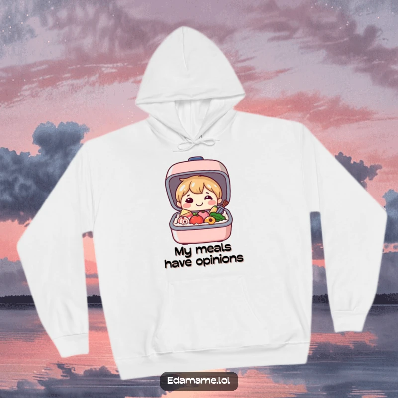 Funny hoodie showcasing a smiling bento box character opening to display its miniature, cheerful food items, perfect for cozy, happy moments.