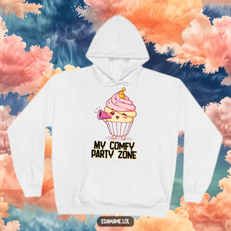 Funny Cupcake Hoodie design of a happy character blowing a party horn, ideal for cold days and funny gift seekers.