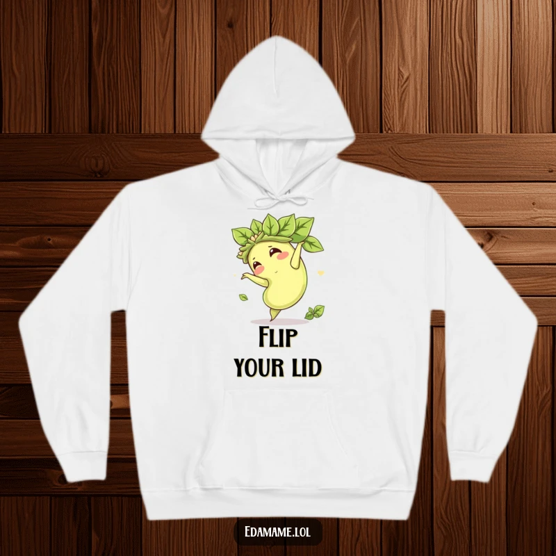 Funny hoodie depicting a cheerful edamame bean in a leafy crown performing a somersault, offering warmth and a dose of playful humor.