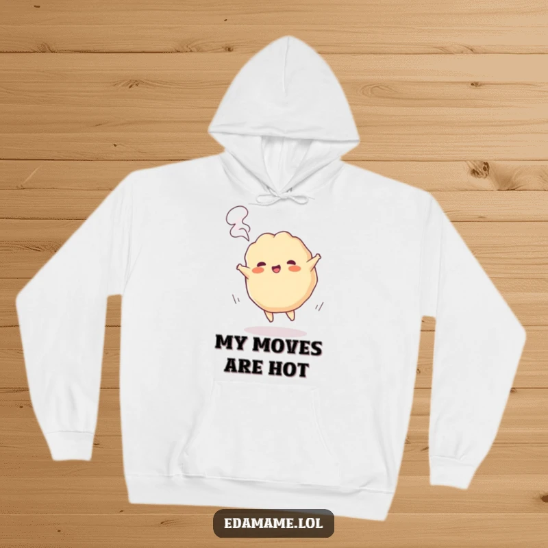 Funny hoodie showcasing a playful gyoza character doing a cartwheel with steam puffs, perfect for cozy, fun-loving moments.