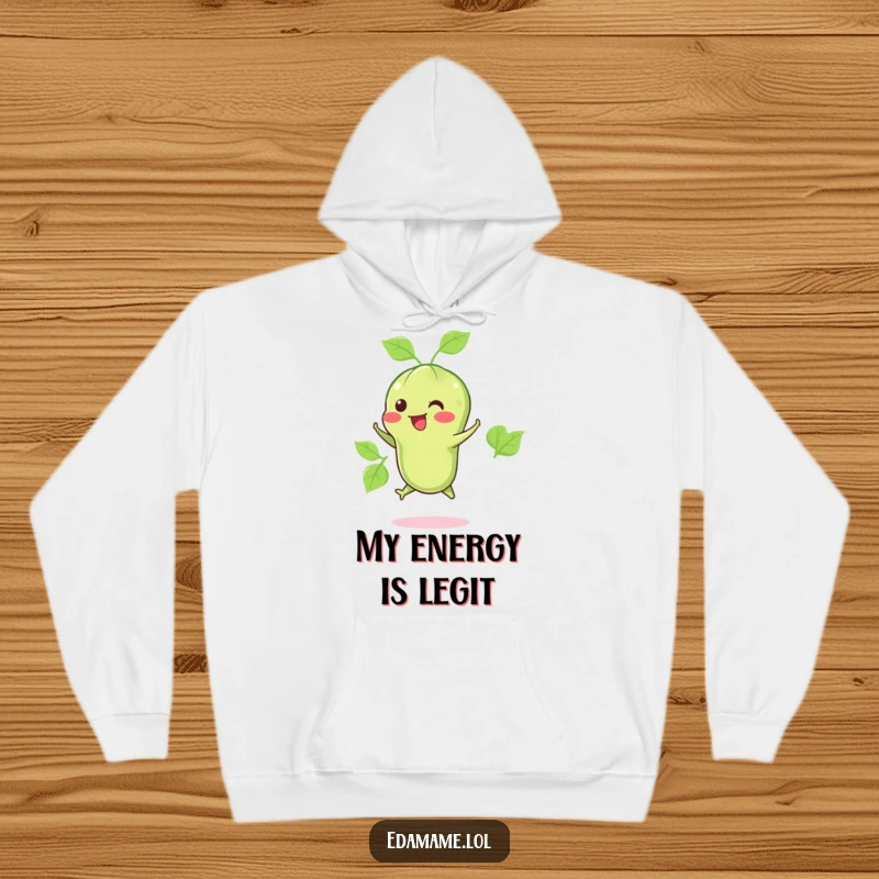 Funny hoodie featuring a happy edamame pod doing a little jump, offering warmth and a dose of adorable veggie humor.
