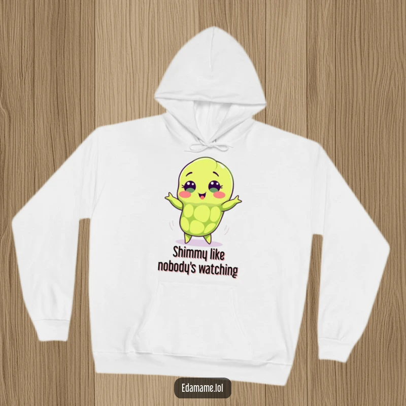Funny edamame hoodie depicting a green pod with sweet eyes doing a happy shimmy, offering warmth and a dose of playful rhythm.