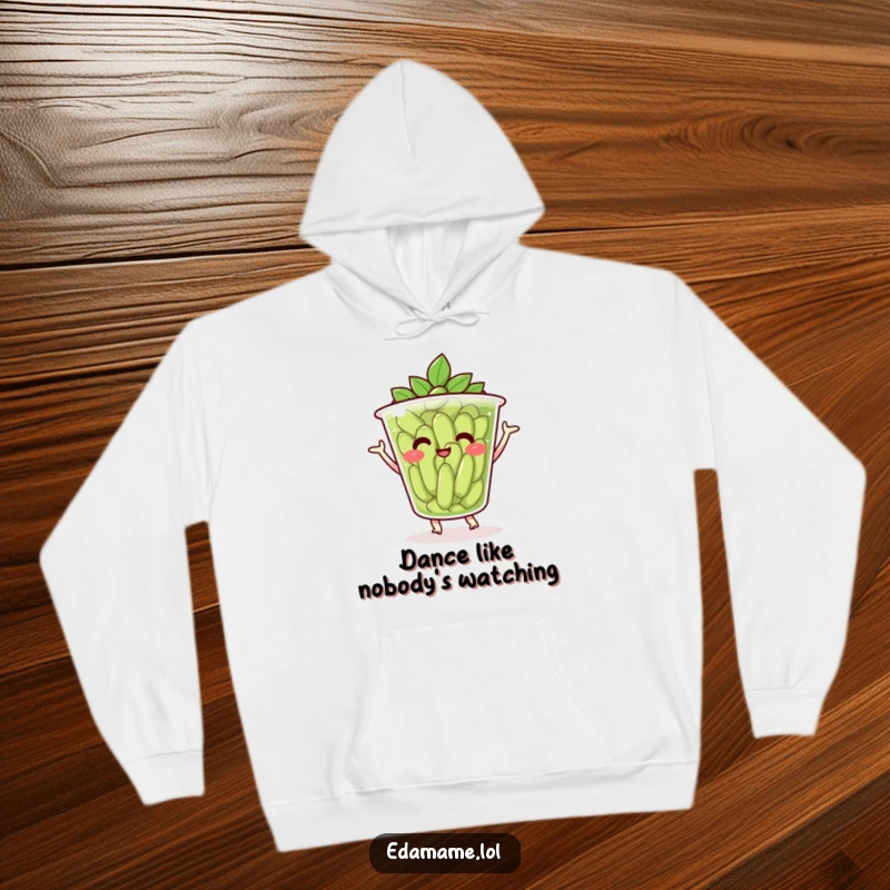 Funny hoodie depicting a smiling cup of edamame performing a joyful dance, offering warmth and a dose of silliness.
