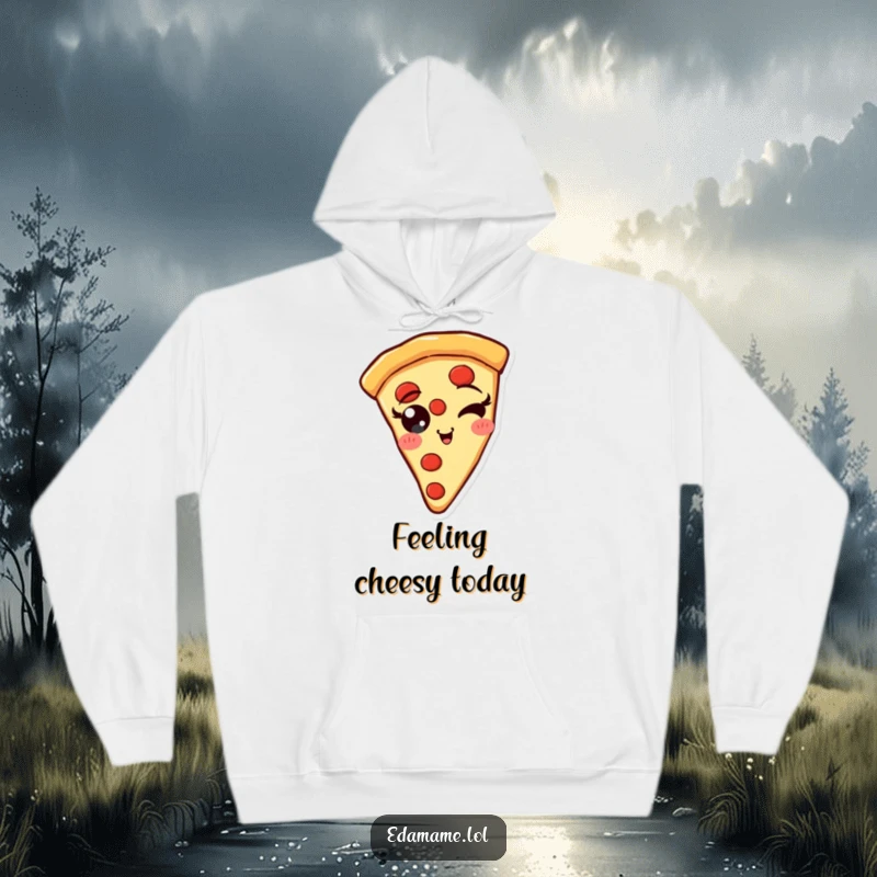 Funny Pizza Slice Hoodie with pepperoni eyes winking, offering warmth and a slice of humor.