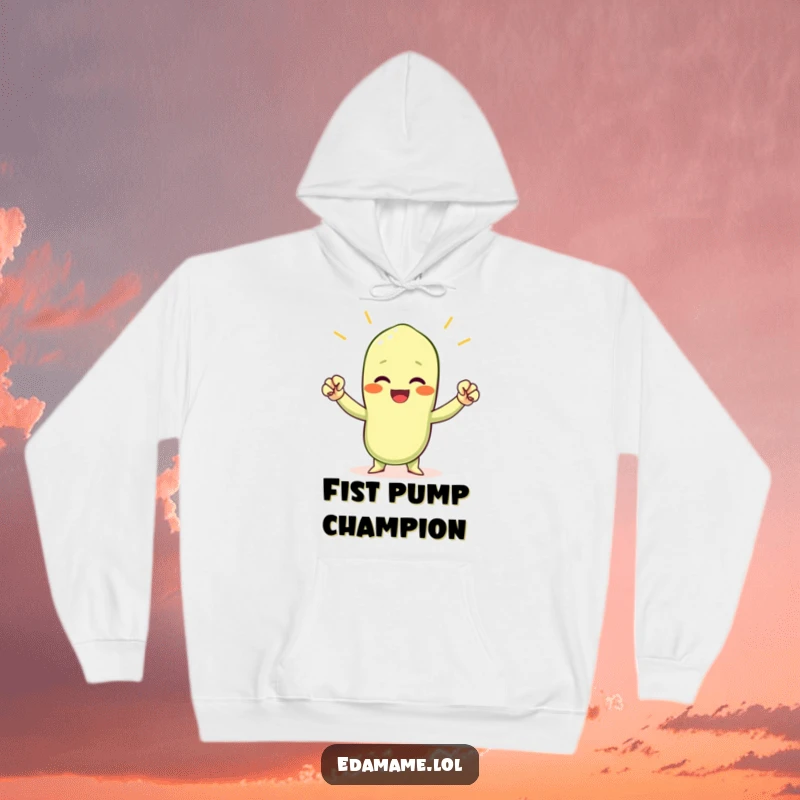 Funny cheering edamame bean hoodie, a cozy garment with a small green bean character raising tiny fists in triumph.