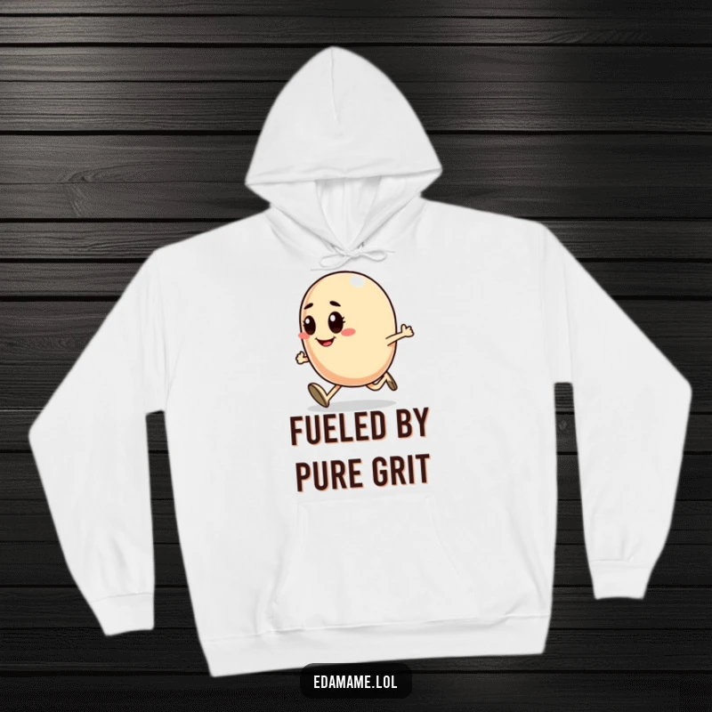 Funny hoodie with a smiling bean character running determinedly, offering warmth and motivational vibes for active individuals.