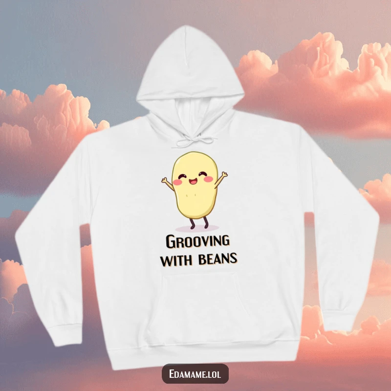 Funny hoodie with a smiling edamame on legs dancing happily, offering warmth and humor.
