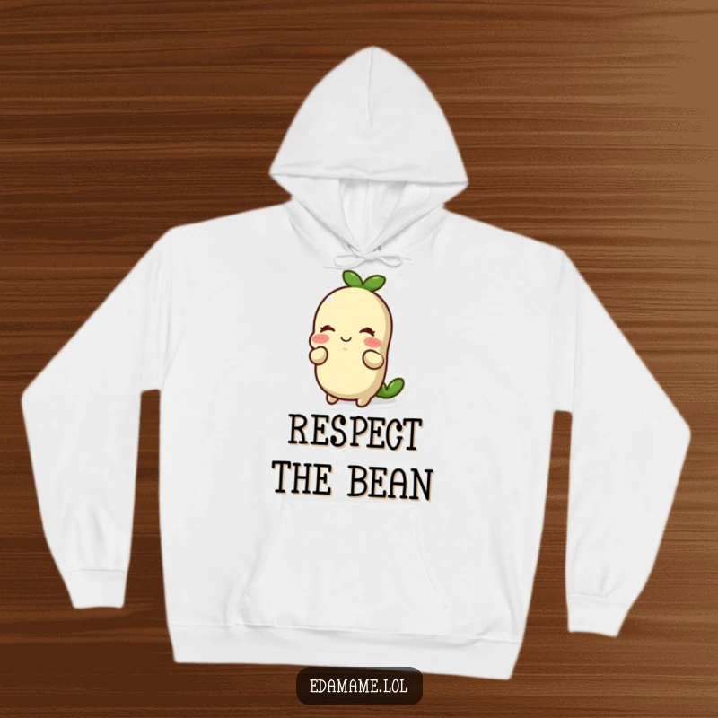 Funny smiling edamame bean doing a respectful bow on a soft hoodie. Comfortable and charming, wonderful funny gift.