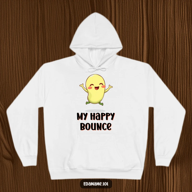 Funny hoodie showcasing a giggling edamame bean in the middle of an energetic, bouncy jump, ensuring comfort and smiles.