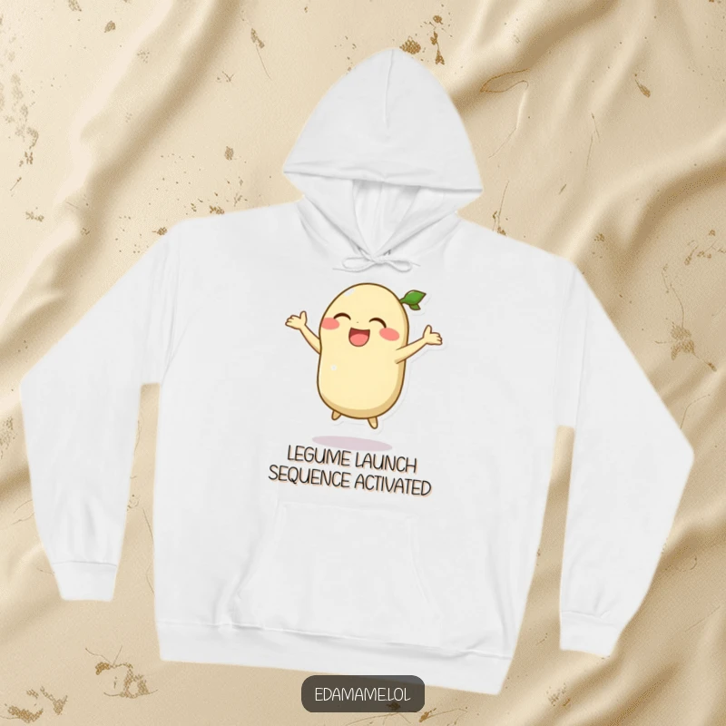 Funny hoodie showcasing a laughing edamame pod character leaping with glee, a warm and humorous addition to any wardrobe.
