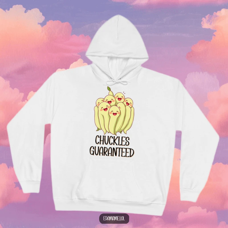 Funny cluster of edamame beans laughing together heartily on a soft hoodie. Comfortable and cheerful, wonderful funny gift.