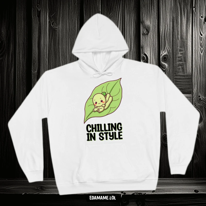 Funny hoodie featuring a cute edamame character sliding down a leaf, embodying playful fun and a humorous, relaxed attitude.