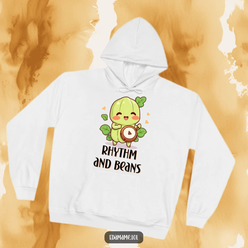 Funny edamame hoodie featuring a happy character energetically playing a tiny drum, symbolizing joyful rhythm.