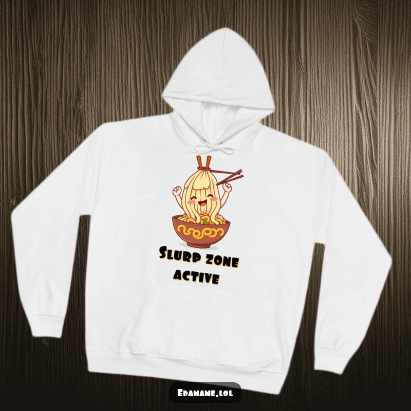 Funny ramen noodle hoodie, a smiling noodle doing a loop with chopsticks, cozy and humorous.
