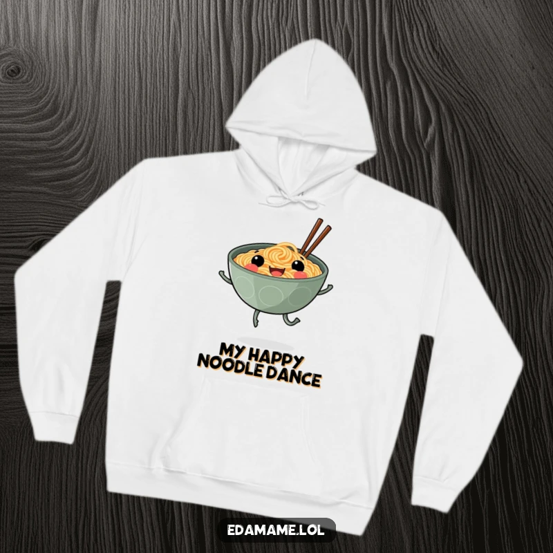 Funny hoodie showcasing a smiling ramen bowl on legs happily skipping, offering warmth and a dose of noodle-fueled happiness.